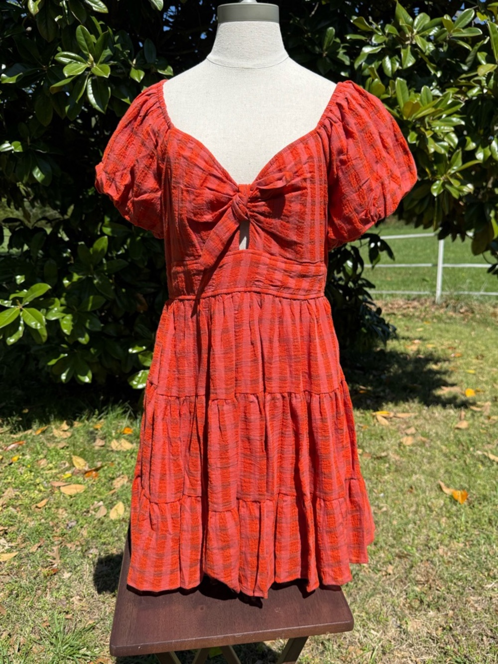 Trixxi Red Orange Tiered Tie-Front Puff Sleeve Mini Dress